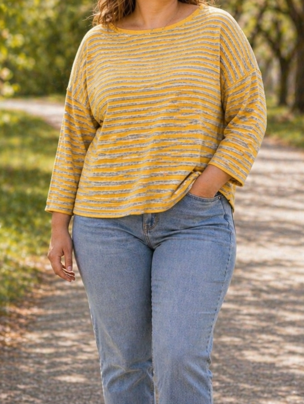 Olsen Yellow & Gray Striped Knit Sweater Cotton Viscose Wool Blend Boatneck